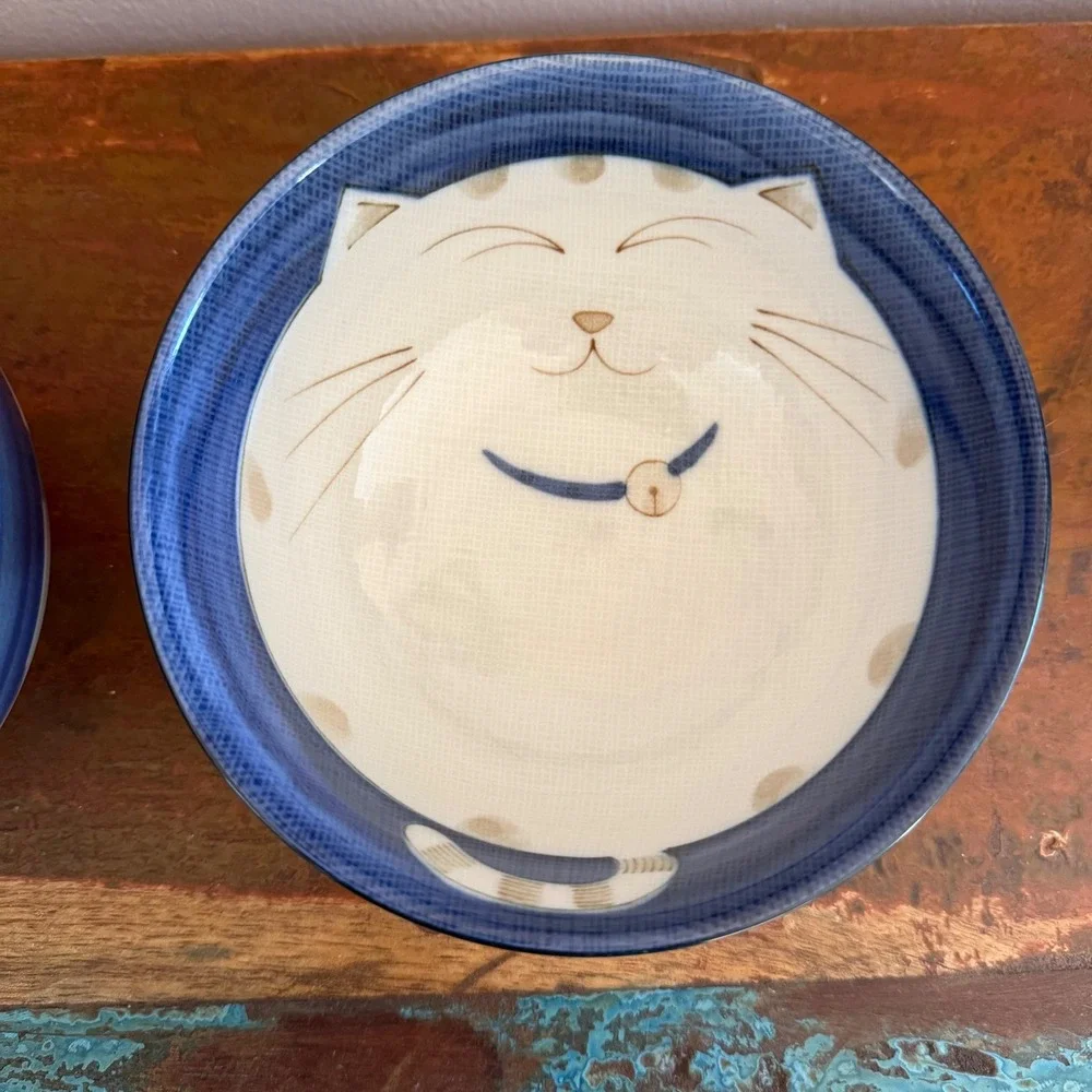 KAFU Japanese Ceramic Fat Cat Rice Bowls Set Blue White Smiling Warai Neko